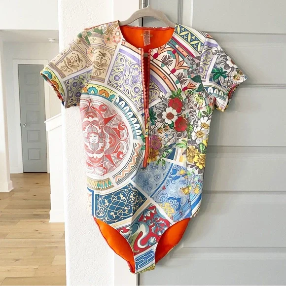 New Johnny Was Boho Neoprene Patchwork One Piece Swimsuit - Picture 2 of 7